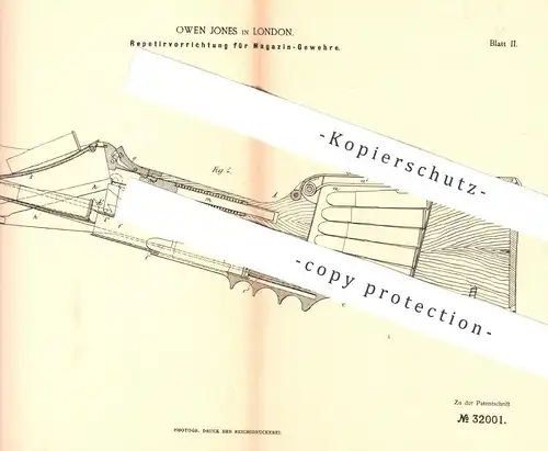 original Patent - Owen Jones , London , England , 1884 , Repetiervorrichtung für Magazin - Gewehr | Waffen , Patronen !!