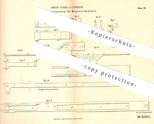 original Patent - Owen Jones , London , England , 1884 , Repetiervorrichtung für Magazin - Gewehr | Waffen , Patronen !!