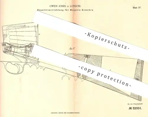 original Patent - Owen Jones , London , England , 1884 , Repetiervorrichtung für Magazin - Gewehr | Waffen , Patronen !!