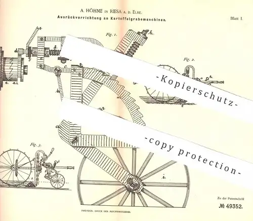 original Patent - A. Höhme , Riesa / Elbe , 1888 , Kartoffelgrabemaschine | Kartoffel - Erntemaschine | Kartoffeln !!!