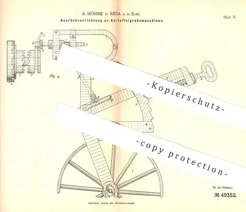 original Patent - A. Höhme , Riesa / Elbe , 1888 , Kartoffelgrabemaschine | Kartoffel - Erntemaschine | Kartoffeln !!!