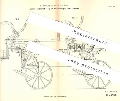 original Patent - A. Höhme , Riesa / Elbe , 1888 , Kartoffelgrabemaschine | Kartoffel - Erntemaschine | Kartoffeln !!!