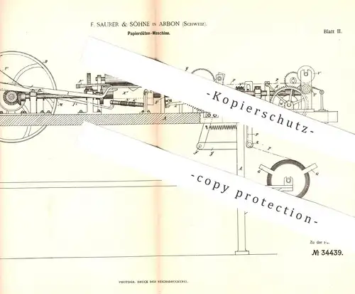 original Patent - F. Saurer & Söhne , Arbon , Schweiz , 1885 , Herst. von Papiertüten | Papier - Tüte | Beutel , Tüten