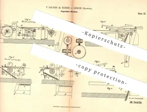 original Patent - F. Saurer & Söhne , Arbon , Schweiz , 1885 , Herst. von Papiertüten | Papier - Tüte | Beutel , Tüten