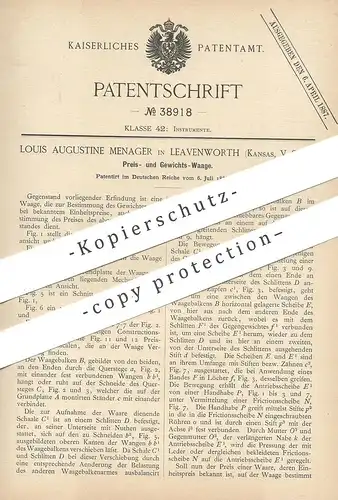 original Patent - Louis Augustine Menager , Leyvenworth , Kansas , USA , 1886 , Gewichtswaage | Waage , Preiswaage !!!