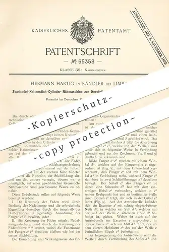 original Patent - Hermann Hartig , Kändler / Limbach 1891 , Zweinadel - Kettenstich - Zylinder - Nähmaschine | Schneider