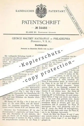 original Patent - George Maltbey , Hathaway , Philadelphia , USA , 1885 , Drucktelegraph | Druck - Telegraph | Strom !!!