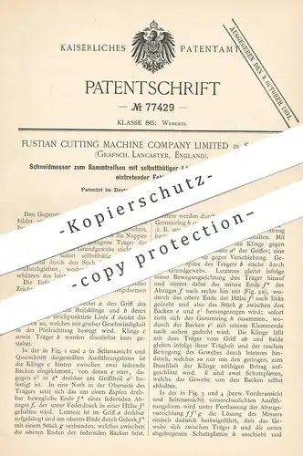 original Patent - Fustian Cutting Machine Company Limited , Salford Lancaster England | Schneidmesser für Stoff | Messer