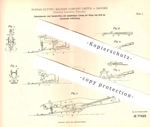 original Patent - Fustian Cutting Machine Company Limited , Salford Lancaster England | Schneidmesser für Stoff | Messer