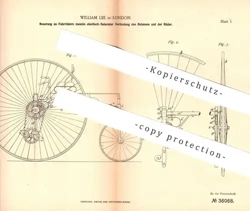 original Patent - William Lee , London , England , 1885 , Verbindung von Rahmen u. Rad am Fahrrad | Fahrräder !!