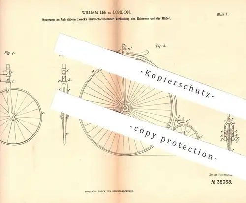 original Patent - William Lee , London , England , 1885 , Verbindung von Rahmen u. Rad am Fahrrad | Fahrräder !!