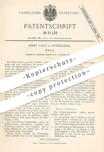 original Patent - Ernst Vogt , Ottmachau / Otmuchów / Polen , 1884 , Göpel | Kraftmaschine , Motor , Motoren !!!