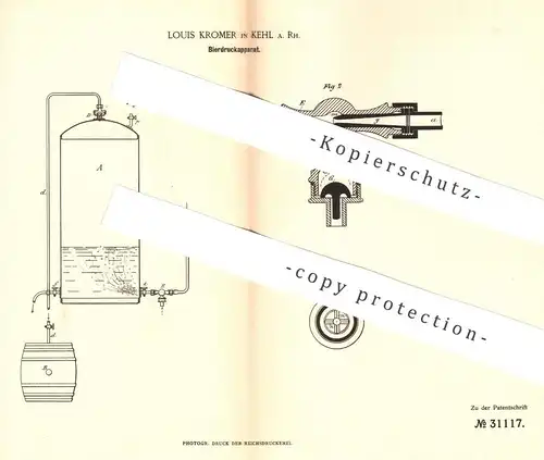 original Patent - Louis Kromer , Kehl / Rhein / Offenburg , 1884 , Bierdruckapparat | Bier , Zapfanlage , Wasserdruck