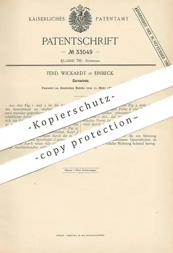 original Patent - Ferd. Wickardt , Einbeck / Göttingen , 1885 , Garnwinde | Garn - Winde | Nähmaschine , Schneider !!!