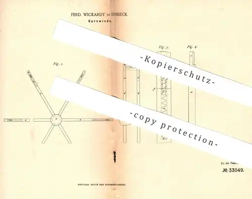 original Patent - Ferd. Wickardt , Einbeck / Göttingen , 1885 , Garnwinde | Garn - Winde | Nähmaschine , Schneider !!!