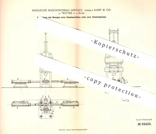 original Patent - Märkische Maschinenbau Anstalt , vorm. Kamp & Co. Wetter / Ruhr | Schmiedepresse | Schmied , Schmiede