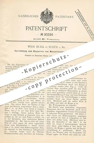 original Patent - Wilh. Duell , Sürth / Köln / Rhein , 1896 , Absperren der Wasserleitung bei Frost | Klempner !!!