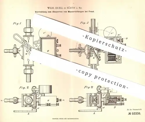 original Patent - Wilh. Duell , Sürth / Köln / Rhein , 1896 , Absperren der Wasserleitung bei Frost | Klempner !!!