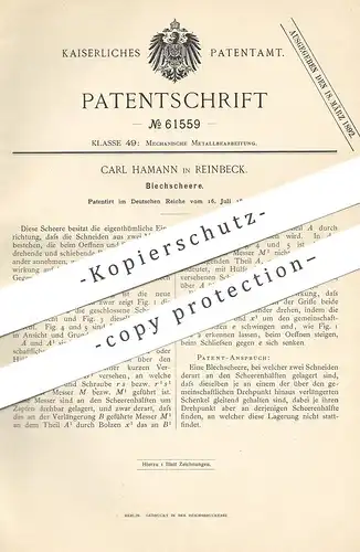 original Patent - Carl Hamann , Reinbeck / Reinbek / Hamburg , 1891 , Blechschere | Schere für Blech , Metall | Scheren
