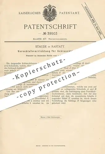 original Patent - Staude , Rastatt / Rhein , 1886 , Verschluss für Schlauchklemme | Schlauch - Klemme | Klammer !!!