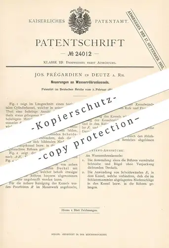 original Patent - Jos. Prégardien , Deutz / Rhein / Köln 1883 , Wasserröhrenkessel | Wasser - Röhrenkessel | Dampfkessel