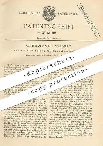 original Patent - Christian Mann , Waldshut / Rhein / Koblenz , 1887 , Abstellen der Maschinen - Spindel | Spinnmaschine