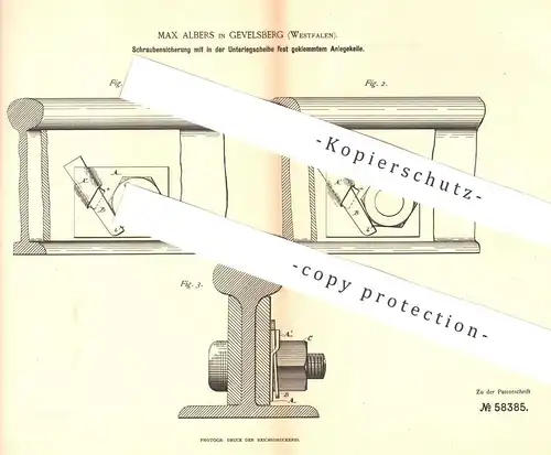 original Patent - Max Albers , Gevelsberg / Dortmund / Hagen , 1891 , Schraubensicherung | Schrauben , Maschinen !!!