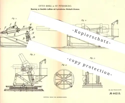 original Patent - Otto Krell , St. Petersburg / Russland 1888 , Geschütz - Laffeten | Waffen , Gewehr , Pistol , Militär