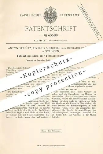 original Patent - Anton Schütz , Eduard Schultes , Richard Plücker , Solingen , 1887 , Schrauben - Spindel | Getriebe !!