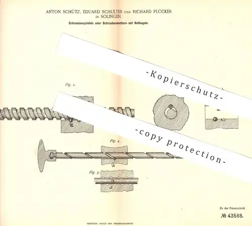 original Patent - Anton Schütz , Eduard Schultes , Richard Plücker , Solingen , 1887 , Schrauben - Spindel | Getriebe !!
