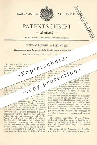 original Patent - Gustav Klumpp , Esslingen / Stuttgart , 1891 , Walzenpresse | Blech , Presse , Metall , Pressen !!!