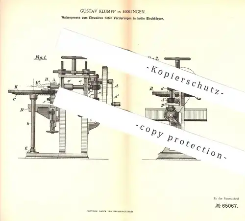original Patent - Gustav Klumpp , Esslingen / Stuttgart , 1891 , Walzenpresse | Blech , Presse , Metall , Pressen !!!
