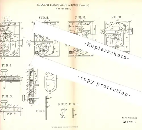 original Patent - Rudolph Burckhardt , Basel / Schweiz , 1891 , Türschloss | Tür - Schloss | Schlosser | Schlösser !!!