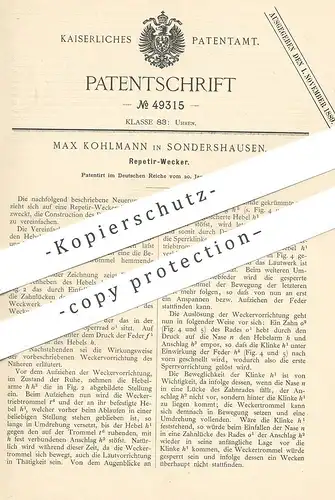 original Patent - Max Kohlmann , Sondershausen / Nordhausen , 1889 , Repetierwecker | Wecker , Uhr , Uhrwerk , Uhrmacher