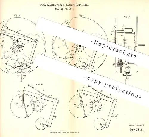 original Patent - Max Kohlmann , Sondershausen / Nordhausen , 1889 , Repetierwecker | Wecker , Uhr , Uhrwerk , Uhrmacher