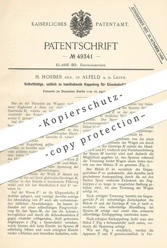 original Patent - H. Hoeber , Alfeld / Leine / Hannover , 1889 , Kupplung für Eisenbahnen | Eisenbahn , Zug , Lokomotive