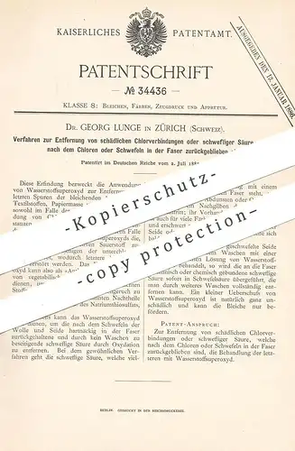 original Patent - Dr. Georg Lunge , Zürich , Schweiz , 1885 , Entfernung schädlicher Chlorverbindung o. Schwefelsäure !!