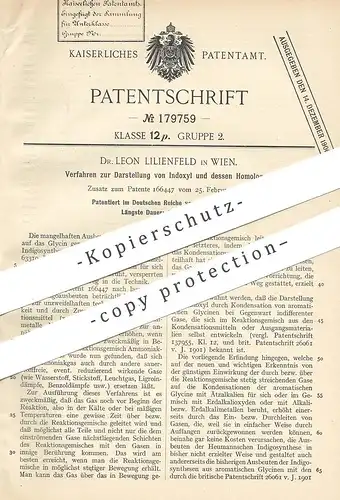 original Patent - Dr. Leon Lilienfeld , Wien , Österreich , 1903 , Darstellung von Indoxyl | Glycerin | Heumann | Chemie