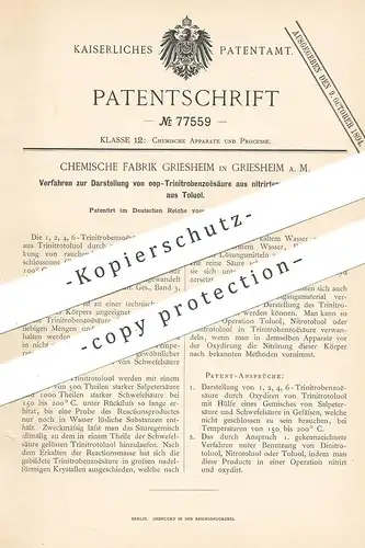 original Patent - Chemische Fabrik Griesheim / Frankfurt / Main , 1893 , Darst. von oop - Trinitrobenzoësäure aus Toluol