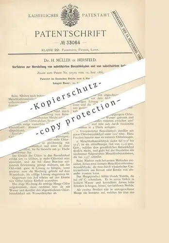 original Patent - Dr. H. Müller , Hersfeld / Rotenburg , 1884 , Herstellung von Benzaldehyd u. Indigo | Chemie , Farbe !