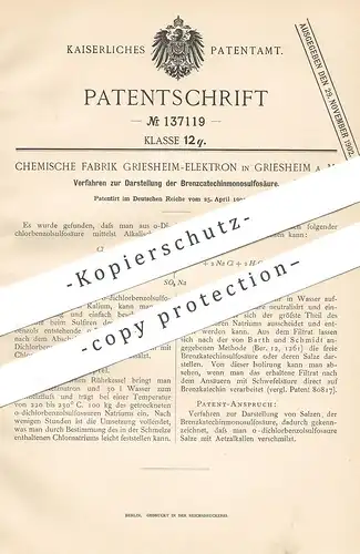 original Patent - Chemische Fabrik Griesheim Elektron / Frankfurt / Main , 1902 | Darst. von Brenzcatechinmonoulfosäure