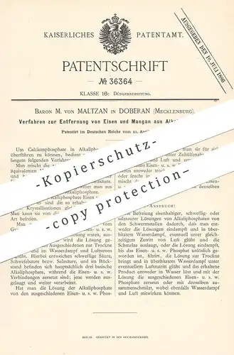 original Patent - Baron M. von Maltzan , Doberan / Mecklenburg , 1885 , Entfernung von Eisen & Mangan aus Alkaliphosphat