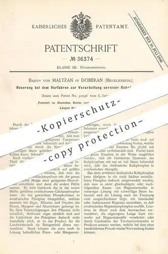 original Patent - Baron von Maltzan , Doberan / Mecklenburg 1885 , Verarbeitung unreiner Rohphosphate | Dünger  Phosphat