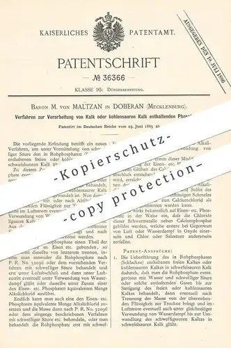 original Patent - Baron M. von Maltzan , Doberan / Mecklenburg , 1885 , Kalk | Dünger , Phosphat | Landwirtschaft !!!