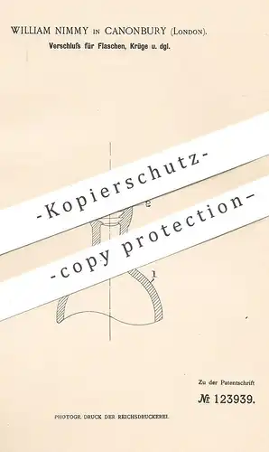 original Patent - William Nimmy , Canonbury , London  1900 , Verschluss für Flasche , Krug | Korken , Stöpsel | Flaschen