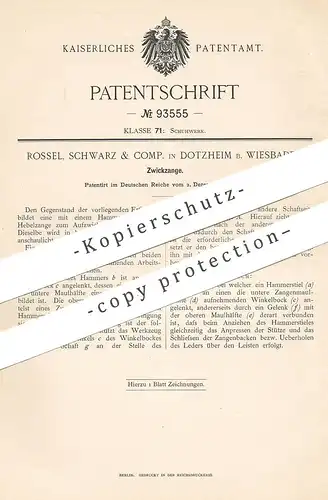 original Patent - Rossel , Schwarz & Comp. , Dotzheim / Wiesbaden , 1896 , Zwickzange | Zange für Schuhwerk | Schuster