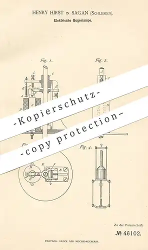 original Patent - Henry Hirst , Sagan , Schlesien , 1888 , Elektrische Bogenlampe | Lampe , Laterne , Brenner | Elektrik