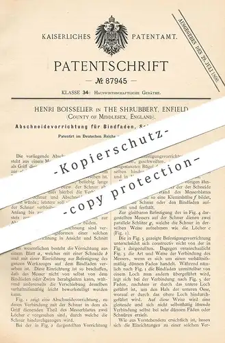 original Patent - Henri Boisselier , The Shrubbery , Enfield , Middlesex England | Abschneiden von Faden , Schnur , Garn