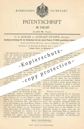original Patent - C. A. Klinger , Alstadt - Stolpen / Sachsen , 1898 , Auslösen der Stecheisen an Ballenpresse | Presse