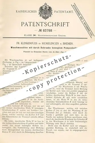 original Patent - Fr. Klinkerfues , Hemelingen / Bremen , 1895 , Waschmaschine | Waschmaschinen | Pumpe , Pumpen !!!